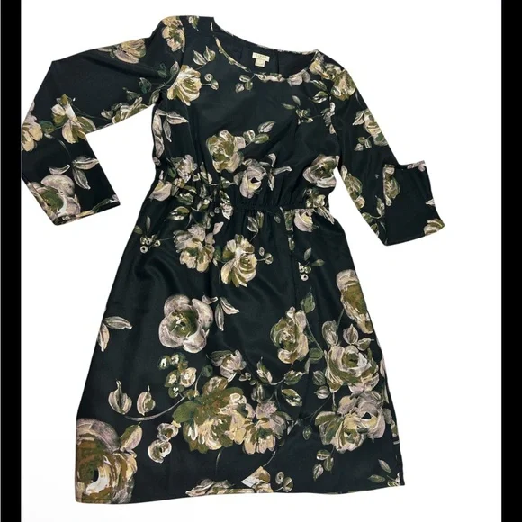 J.Crew Floral Gold Green Black Long Sleeve Cinched Waist Mini Dress Size 4 - Picture 2 of 10